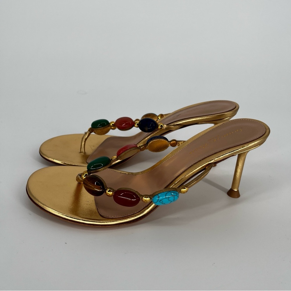 Gianvito Rossi Shanti Thong 70 Sandals Gold Jeweled Size 9 - Picture 3 of 14